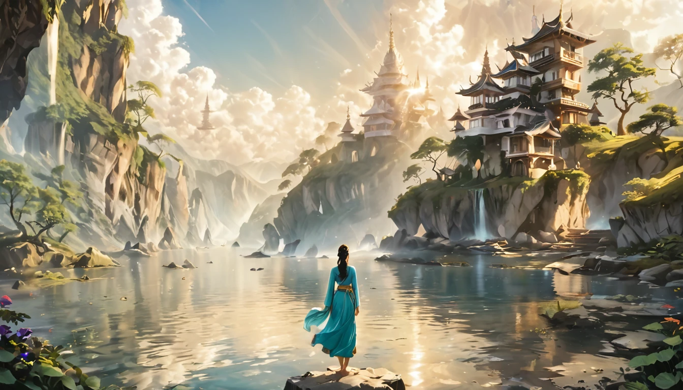 Namaste. Person meditating. Loose Clothes. dreamlike and fantasy world. Feeling of Fullness. details Intricate. cinematic lighting.