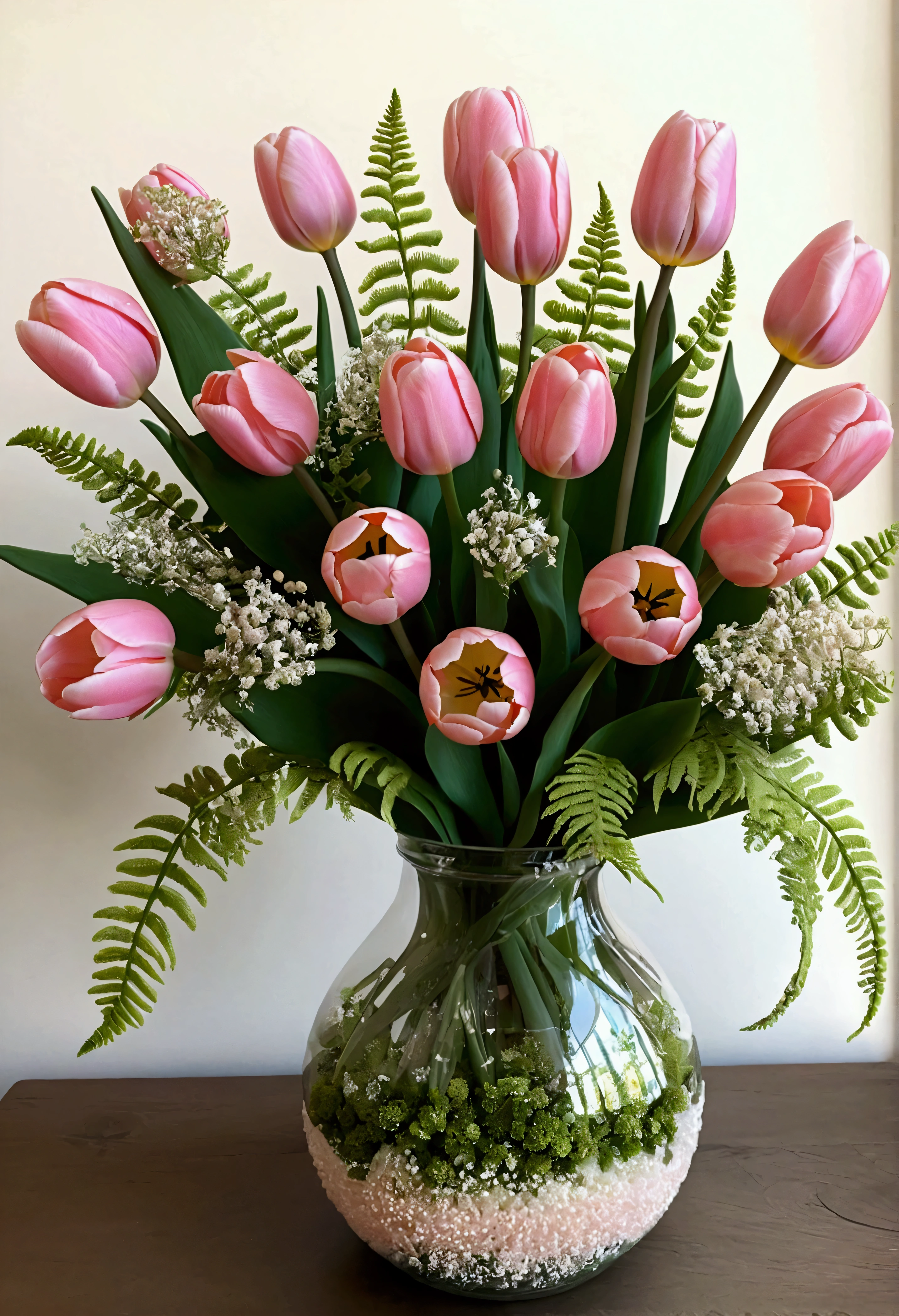 Tulip flower arrangement, 's breath, fern leaves, intricate detailed glass vase, gorgeous arrangement, pink tulips. Masterpiece,Best Quality, high Detailes, 8K