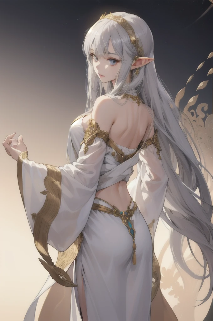 (Absurd, High resolution, Super detailed), (One girl:1.3), Gray Hair,whole body、Elf、Long Hair, Bangs, Hime cut, Gold Accessories、Arabian dancer in white costume、god々Shii、Simple Background, Character portrait, Character design drawings, Gaze, Facing forward