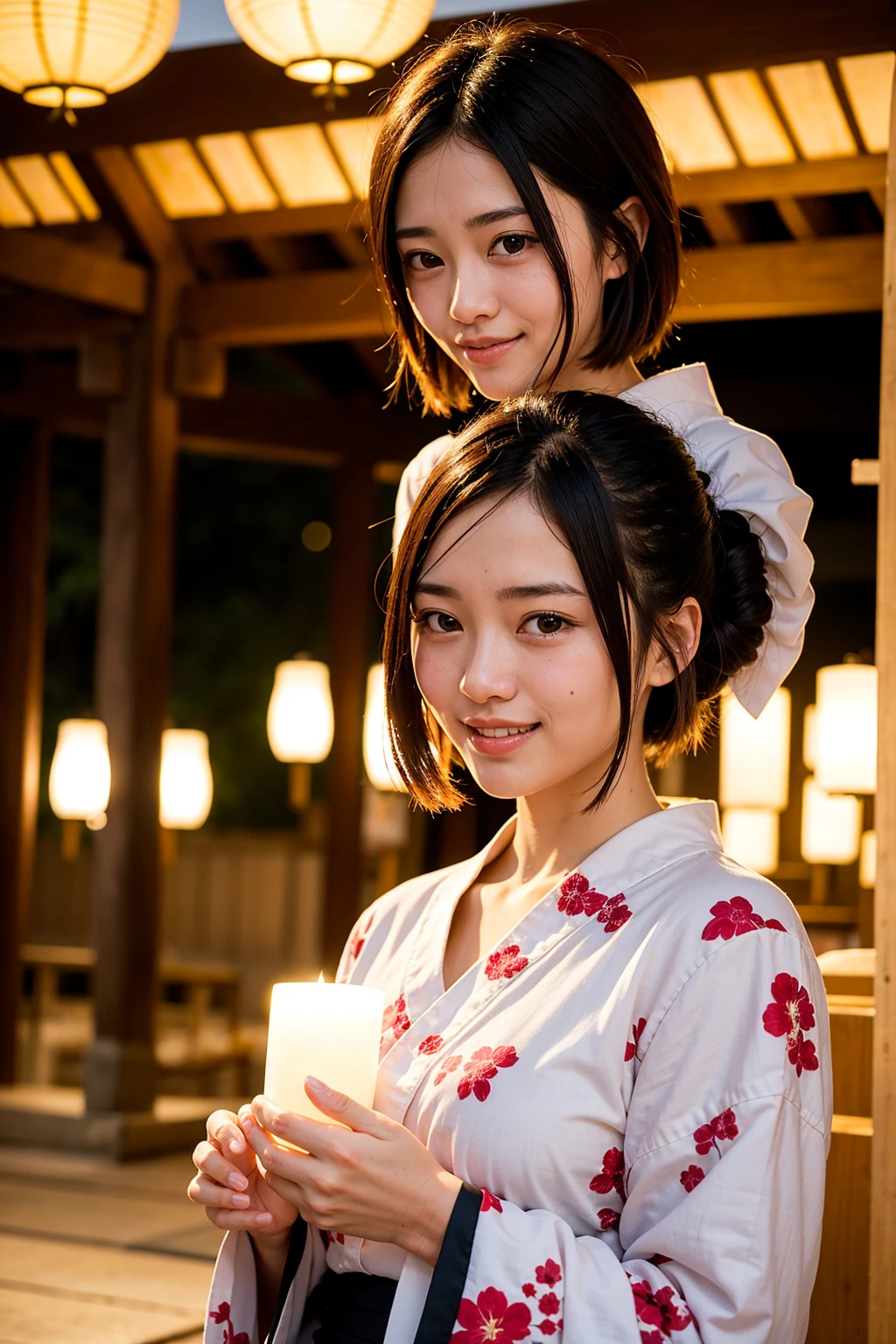 Top quality, A beautiful young woman with very short hair, wearing an elegant yukata adorned with delicate floral patterns. She stands gracefully under a lantern-lit path at a traditional Japanese festival. The soft glow of the lanterns highlights her serene smile and the intricate details of her yukata, creating a captivating and enchanting atmosphere.