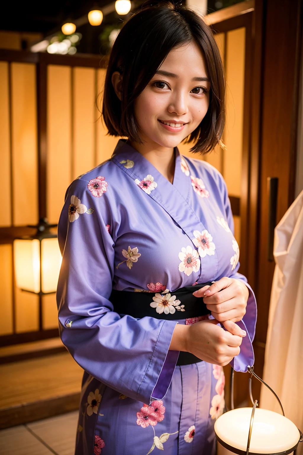 Top quality, A beautiful young woman with very short hair, wearing an elegant yukata adorned with delicate floral patterns. She stands gracefully under a lantern-lit path at a traditional Japanese festival. The soft glow of the lanterns highlights her serene smile and the intricate details of her yukata, creating a captivating and enchanting atmosphere.