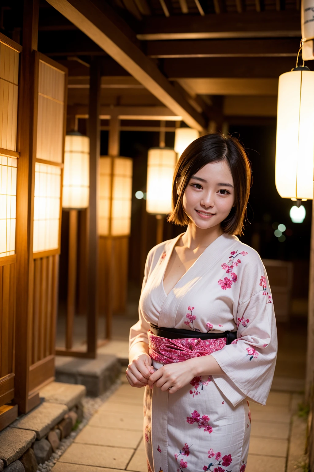 Top quality, A beautiful young woman with very short hair, wearing an elegant yukata adorned with delicate floral patterns. She stands gracefully under a lantern-lit path at a traditional Japanese festival. The soft glow of the lanterns highlights her serene smile and the intricate details of her yukata, creating a captivating and enchanting atmosphere.