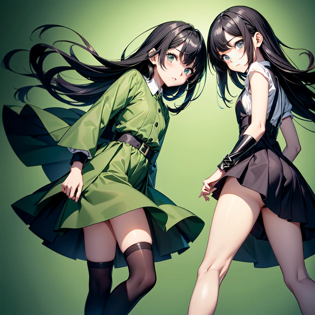1girl、Simple green background、(((Highest quality、Masterpiece、Official Art、Super detailed、Golden Ratio、Anime Style、The best dynamic composition)))、Keyakizaka46、Silent Majority、Dark green dress、A-type dress、Above the knee、Black knee-high socks、Black Loafers、uniform、Red ribbon on chest、White shirt、Face close-up、Black hair color、Shortcuts、