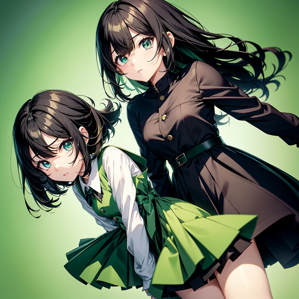 1girl、Simple green background、(((Highest quality、Masterpiece、Official Art、Super detailed、Golden Ratio、Anime Style、The best dynamic composition)))、Keyakizaka46、Silent Majority、Dark green dress、A-type dress、Above the knee、Black knee-high socks、Black Loafers、uniform、Red ribbon on chest、White shirt、Face close-up、Black hair color、Shortcuts、