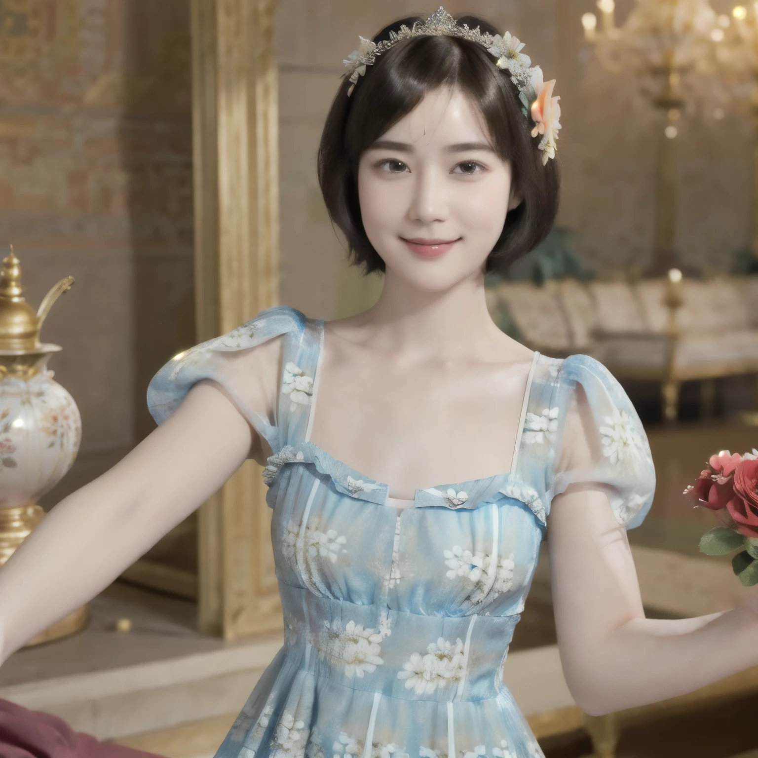 267 (20-year-old princess,Are standing), (Tabletop), ((short hair:1.46)), (chest:1.46), Old-fashioned smile, (Floral Dress:1.46), (Majestic Palace:1.46) 80