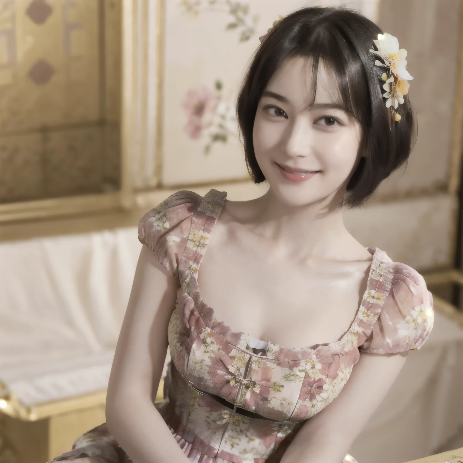 267 (20-year-old princess,Are standing), (Tabletop), ((short hair:1.46)), (chest:1.46), Old-fashioned smile, (Floral Dress:1.46), (Majestic Palace:1.46) 80
