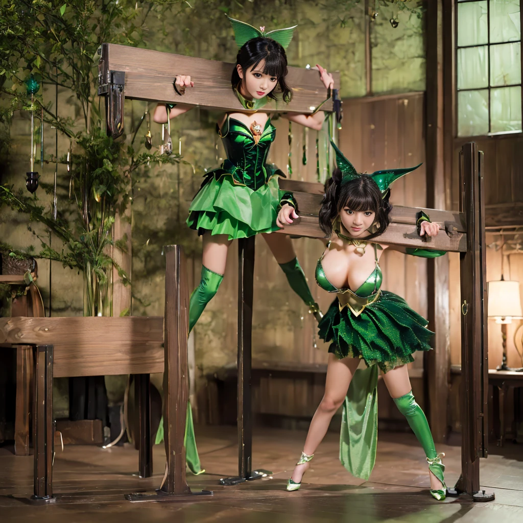 high quality, masterpiece, Very detailed, 8k, A beautiful 13 year old Japanese girl:1.5, Small face, Black short hair, blunt bangs, Breast Augmentation Surgery, (A gorgeous green magical girl heroine costume:1.5), (head and hands stuck in pillory)