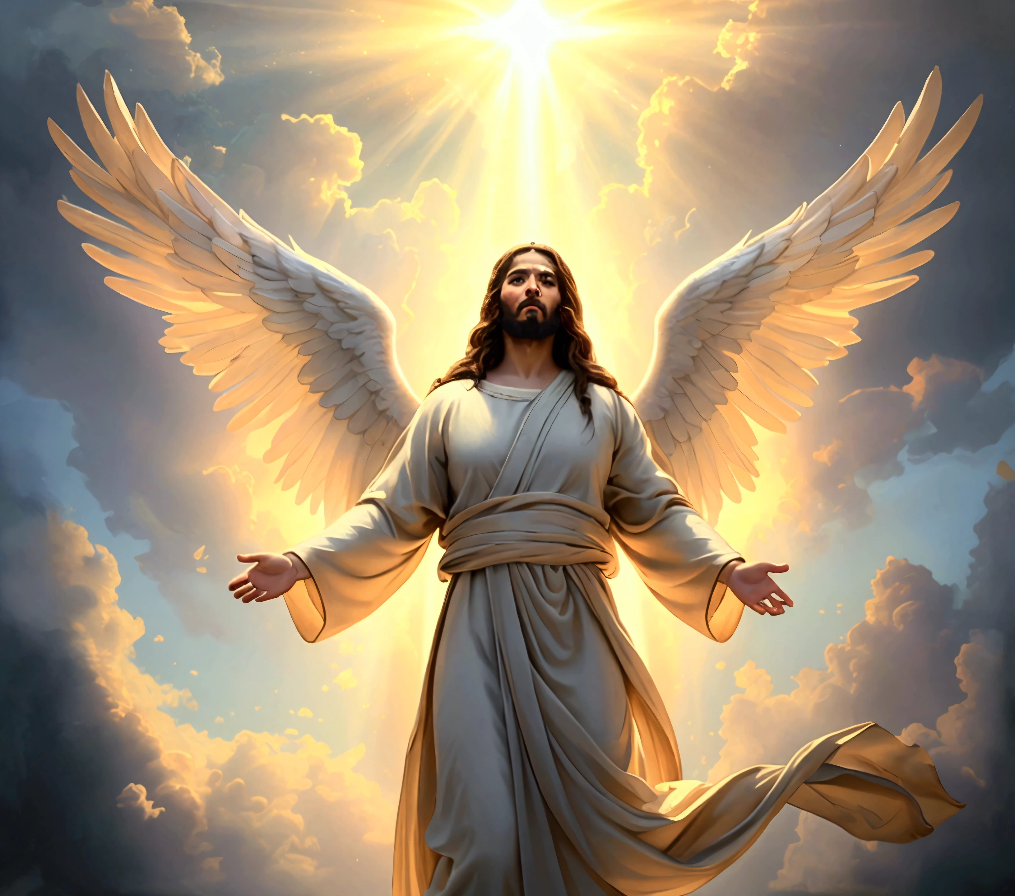 (best quality,4k,8k,highres,masterpiece:1.2),ultra-detailed,(realistic,photorealistic,photo-realistic:1.37),jesus,heaven,religious,oil painting,dramatic lighting,cinematic,glowing aura,divine light,angelic,serene,peaceful,ethereal,spiritual,transcendent,heavenly
