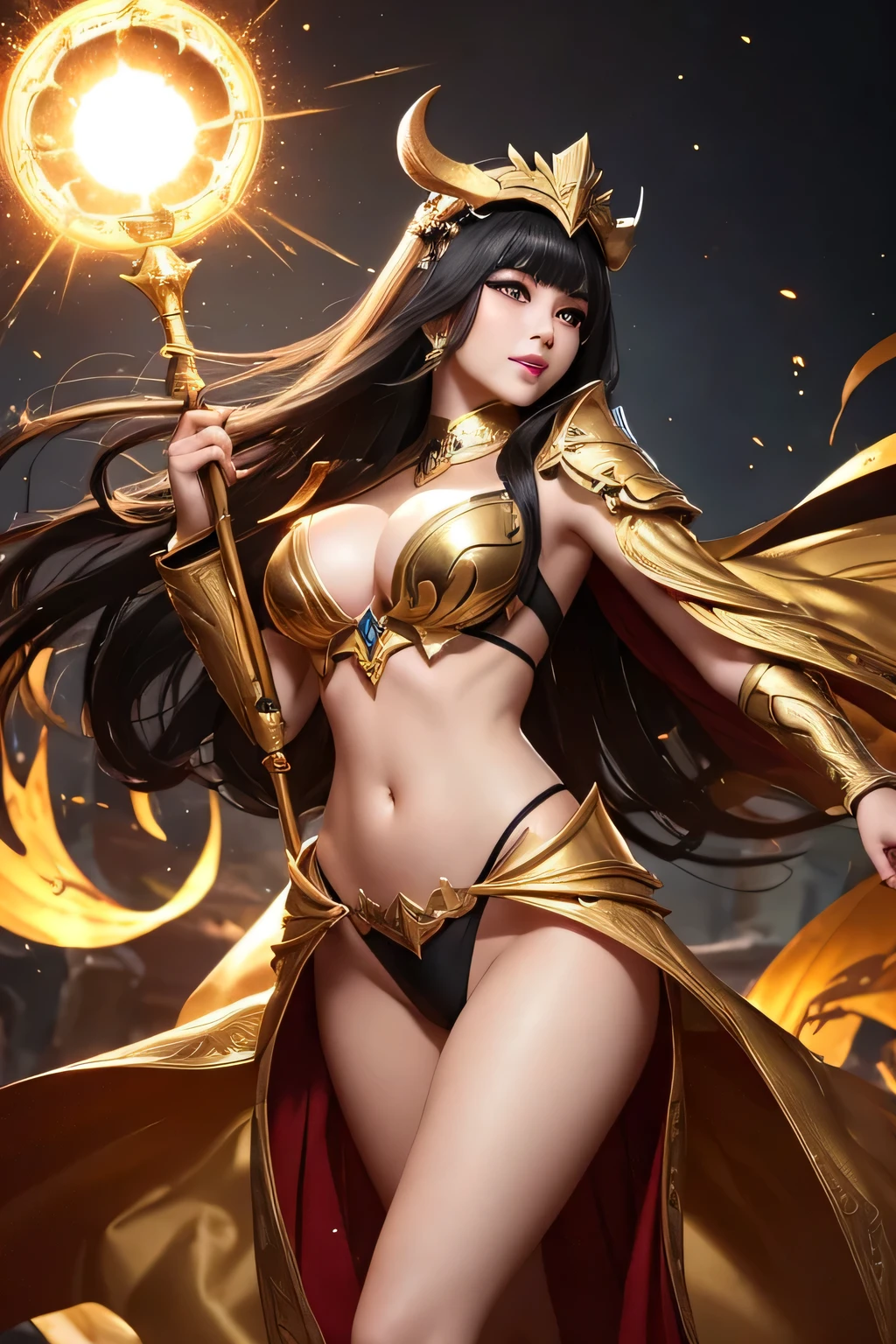 Gold Saint,A beautiful Asian sexy cute female warrior,flowing long black hair,big eyes、High nose bridge、one person、Dynamic Angle、Head high、170 height、a smile,Slender and beautiful female hands,Wearing a gorgeous crown with an exquisite goat shape,Goat Gold Armor(Navel,With cleavage,Long legs,panoramic),The fighting intensified,Gold Warframe,Gorgeous decoration,sharp,Strong body,Clear lines,Mysterious runes,There are unique lights around。A professional masterpiece、Top quality、Photo-realistic ,Ultra-high resolution、(Photorealistic:1.4)、RAW photos、Navel、Perfect body proportions,Wide-angle lens、full-body shot,Face Makeup Surprise、Glossy lipstick、explode、Fierce battles、Mysterious Expression、Light Particles、Battle Dragon、Castle Background、Gungar forest background、Mysterious Expression、Lighting Effects、Fierce battles、Wind Effect、Magic Circle、Tostock