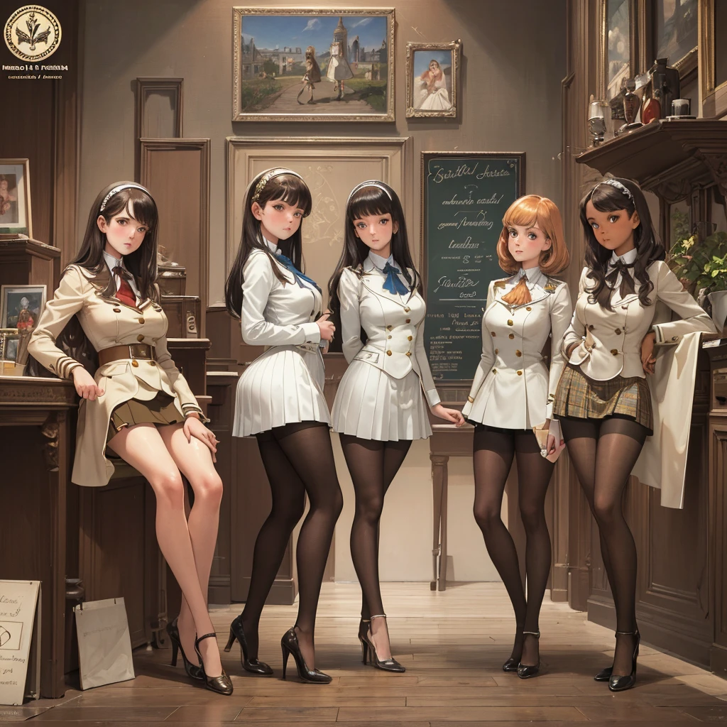 (masterpiece), (best quality), (The finest details), (General view from a distance), (Paper with worn edges), (Secondary Color: Cinnamon), A very beautiful group of girls，Sexy pose, very detailed face, Retro poster 60s with futuristic lettering&#39;, Western Future Scenery, night (Many stars, moon), shadow (detailed, Strong contrast)