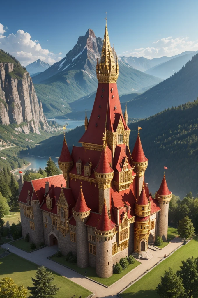 Create 1 different medieval castle, with gold and red details