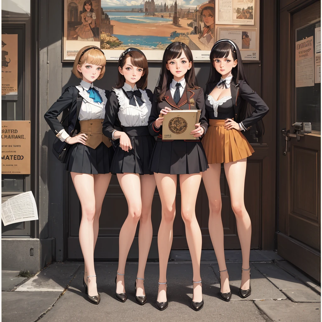 (masterpiece), (best quality), (The finest details), (General view from a distance), (Paper with worn edges), (Secondary Color: Cinnamon), A very beautiful group of girls，Sexy pose, very detailed face, Retro poster 60s with futuristic lettering&#39;, Western Future Scenery, night (Many stars, moon), shadow (detailed, Strong contrast)