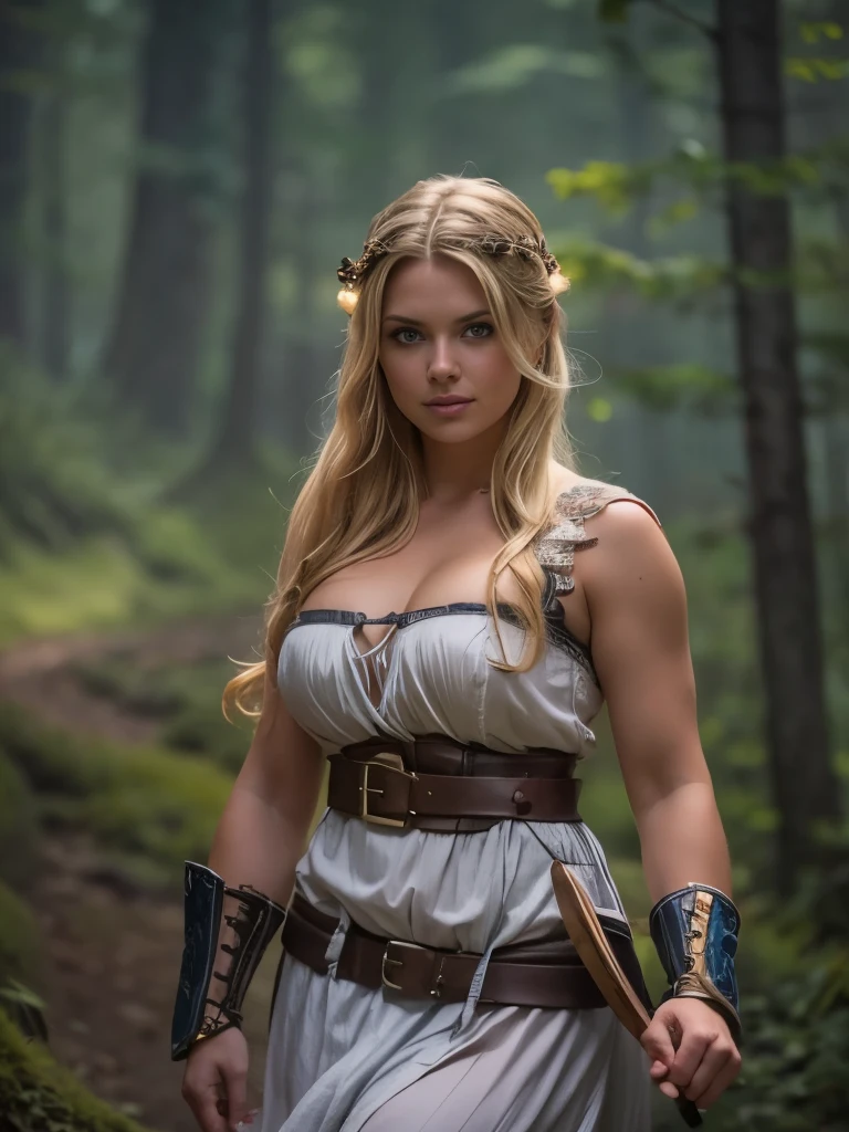 An ultra hot gorgeous European sexy viking woman. Age 23. dress like a tavern wench, beautiful refined face detail, bright light eyes, sexy eyeliner and eyeshadow, flirty smile, mischievous glint in her eye, perfect legs, wonderful and innocent energy, adventurous spirit, Lucious hair, atmospheric fog, ambient light, rim light, an overgrown mountain forest, sexy dancing and twirling. Viking blue and white round wood shield. Viking hatchet.