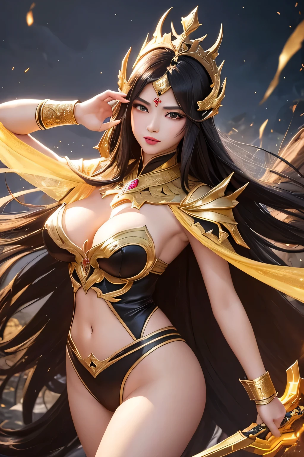 Gold Saint,A beautiful Asian sexy cute female warrior,flowing long black hair,big eyes、High nose bridge、one person、Dynamic Angle、Head high、170 height、a smile,Slender and beautiful female hands,Wearing a gorgeous crown with an exquisite goat shape,Goat Gold Armor(Navel,With cleavage,Long legs,panoramic),The fighting intensified,Gold Warframe,Gorgeous decoration,sharp,Strong body,Clear lines,Mysterious runes,There are unique lights around。A professional masterpiece、Top quality、Photo-realistic ,Ultra-high resolution、(Photorealistic:1.4)、RAW photos、Navel、Perfect body proportions,Wide-angle lens、full-body shot,Face Makeup Surprise、Glossy lipstick、explode、Fierce battles、Mysterious Expression、Light Particles、Battle Dragon、Castle Background、Gungar forest background、Mysterious Expression、Lighting Effects、Fierce battles、Wind Effect、Magic Circle、Tostock