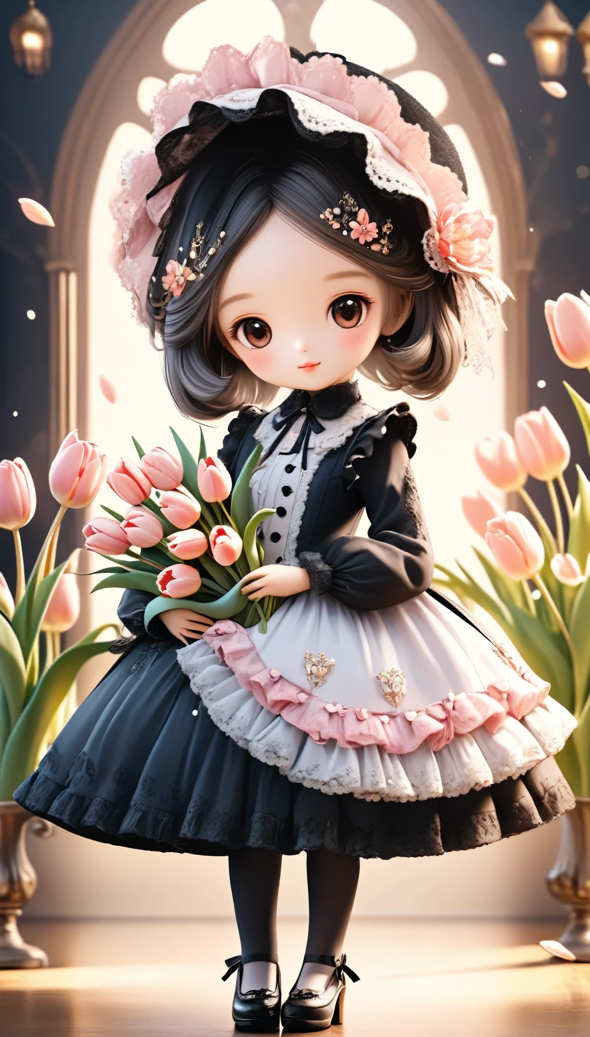 cute princess of tulip kingdom, wearing a pink tulip Gothic & Lolita dress, (elegant pose:1.5),Wearing big tulip hat, full-body shot,(holding tulip bouquet) , Cute and full of elegant expression, Professional Portraits, Super Fine 8K, high resolution, Detailed facial features, Detailed clothing, soft light, Fantastic, fantasy, Soft colors, cute, soft focus,