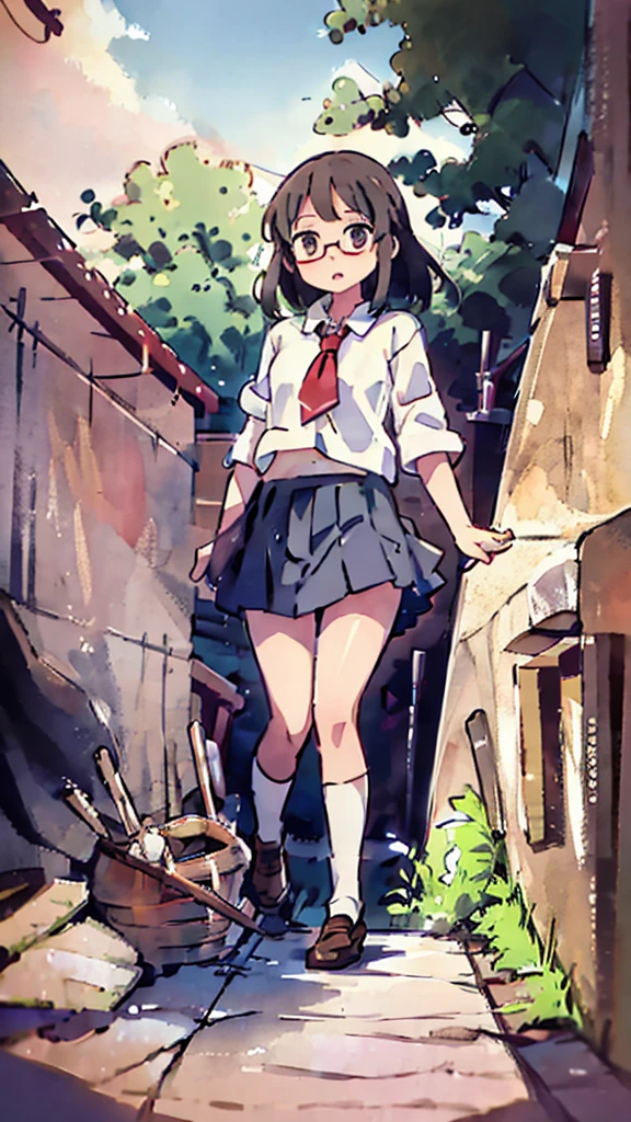 Nsfw、masterpiece, high quality, 4K, HDR,, Stable Diffusion prompt:  schoolgirl with short、brown hair and red-framed glasses, wearing a white blouse and navy skirt, white panties visible, navy socks and brown loafers, in a state of arousal and trembling with sexual climax,simple illustration style, in a nichijou (everyday life) setting