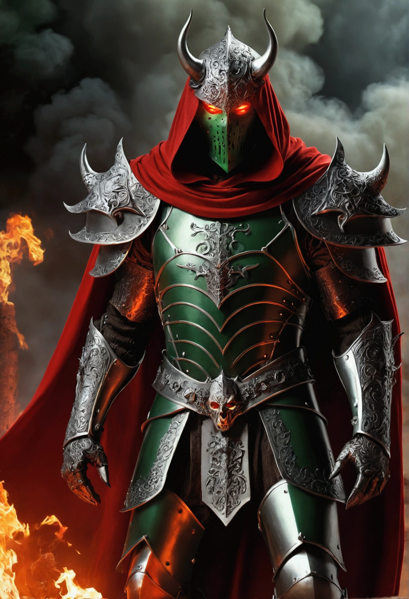 the soldier from hell, like green eyes on fire, demonic iron mask, giant red cape, full body armor!