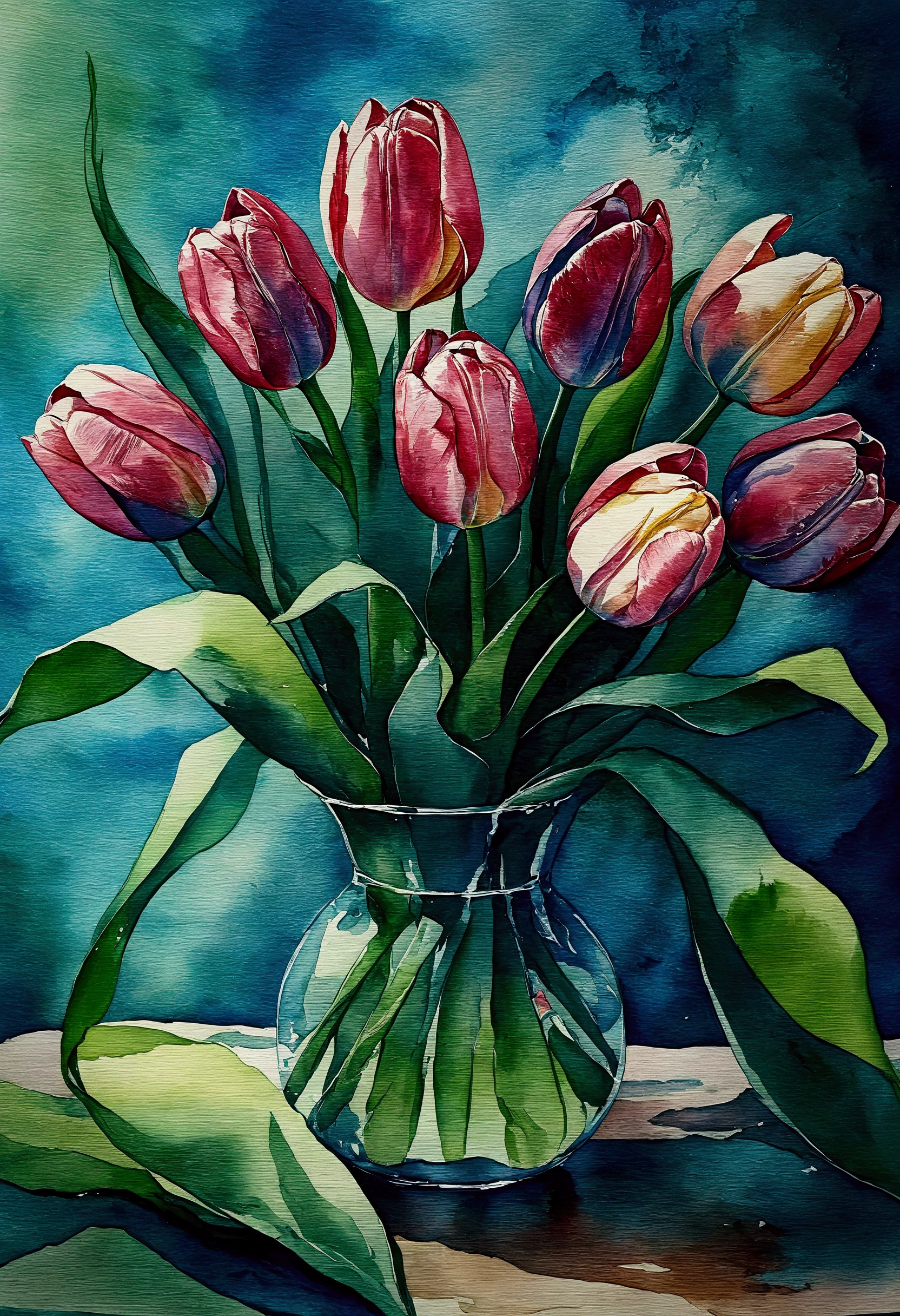 Tulip flower arrangement, intricate detailed glass vase, gorgeous arrangement with pink tulips, 
watercolor painting, Masterpiece,Best Quality, high Detailes, 8K