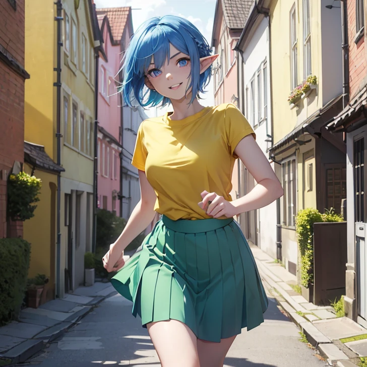 Absurdres, masterpiece, highest quality, very detailed features and textures, alone solo character, anime style, fantasy genre
{{(14 years old blue haired elf girl: (pale skin, short messy spiky sapphire blue hair, heterochromatic eyes, very thin lips, nice teenage body, breasts, big butt, beautiful arms, beautiful legs, happy face, open smile, running happy), (yellow shirt, green skirt, pink shoes), (danish city street, sunny morning, danish houses around)}}