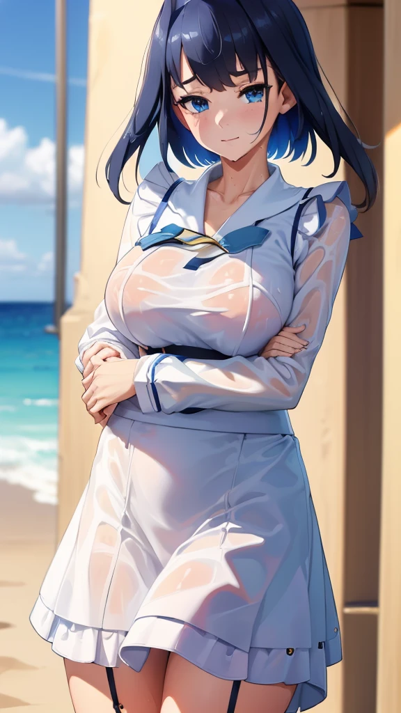 ((Clothing wetness: 1.4)), ((Underwear visible)), (Sailor suit), (Sheer skirt), Sunny blue sky, beach, (Perfect hands), (Perfect anatomy), (Perfect body structure ), ((2 arms)), ((2 legs)), ((Masterpiece, Best quality, High resolution, Ultra high resolution, Perfect pixels, Burned border depth, 4K, Super detailed)), HDR, Studio lighting, Sharp focus, Bright colors, Portrait, Warm tones, Soft lighting, standing,