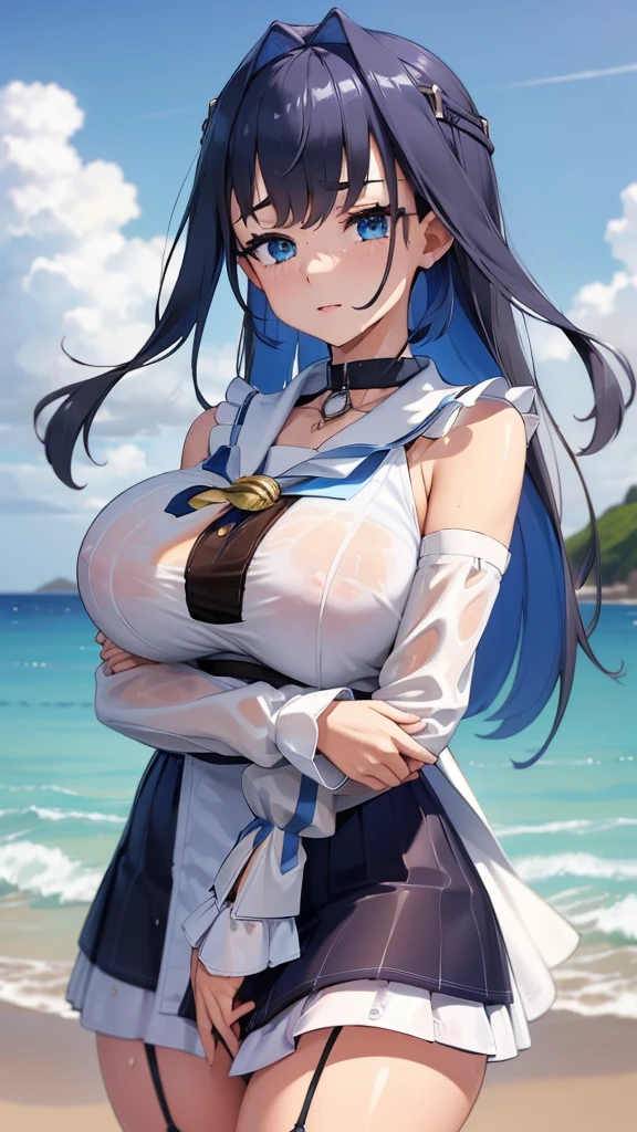 ((Clothing wetness: 1.4)), ((Underwear visible)), (Sailor suit), (Sheer skirt), Sunny blue sky, beach, (Perfect hands), (Perfect anatomy), (Perfect body structure ), ((2 arms)), ((2 legs)), ((Masterpiece, Best quality, High resolution, Ultra high resolution, Perfect pixels, Burned border depth, 4K, Super detailed)), HDR, Studio lighting, Sharp focus, Bright colors, Portrait, Warm tones, Soft lighting, standing,