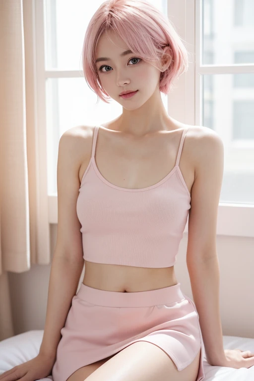 (masterpiece:1.3), (8K, Photorealistic, Original Photography、Top image quality: 1.4)、Japanese female high school students、Light pink hair、(Feel free to hairstyle:1.2)、Small Breasts、Super detail face、Eye for detail、Double eyelids、Hold your head high and your chest high、Clear focus:1.2、pretty Woman:1.4、Perfect skin、Glowing skin、Top quality、masterpiece、 high resolution、(Photorealistic:1.4)、Highly detailed and professional lighting smile、Wearing a pink cropped top、Pink Mini Skirt、slim、A faint smile、short hair、Lying casually on the bed、Looking at the camera, In the pink room、Bookshelf in the background、Bedside Table、The sun shines in through the window,Lights up the room