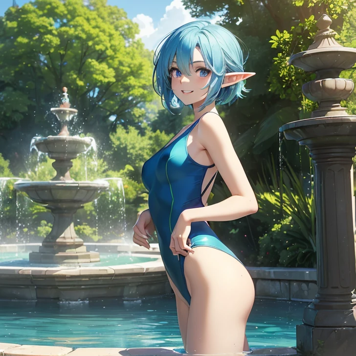 Absurdres, masterpiece, highest quality, very detailed features and textures, alone solo character, anime style, fantasy genre
{{( blue haired elf girl: (pale skin, short messy sapphire blue hair, heterochromatic eyes, very thin lips, nice teenage bodyeasts, big butt, beautiful arms, beautiful legs, happy face, open smile, running happy), (green one-piece swimsuit), (fountain plaza, natural park, marmol road, sunny morning)}}