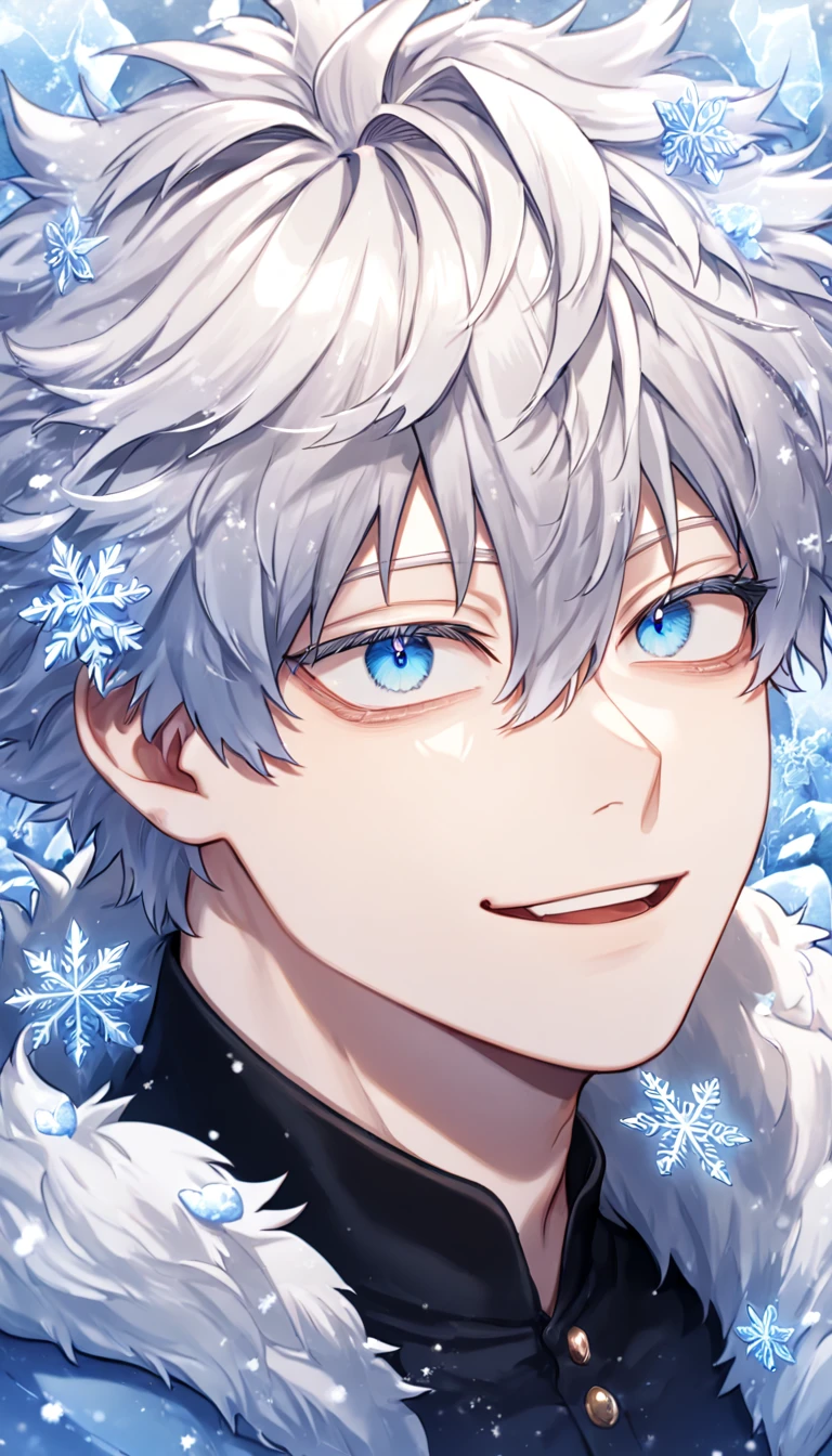 absurdres, highres, ultra detailed, HDR, master piece, best quality, extremely detailed face, delicated features, Gojou Satoru, white hair, messy hair, hair between the eyes, expressive blue eyes, white eyelashes, Boku No Hero Academia, solo, sexy man, handsome, sensual, smiling, light-blue jacket with fur, black shirt, black pants, white boots, close up full body, fantasy, magical, ice, snow, ice butterflies, snowflakes, ice flowers, ice background