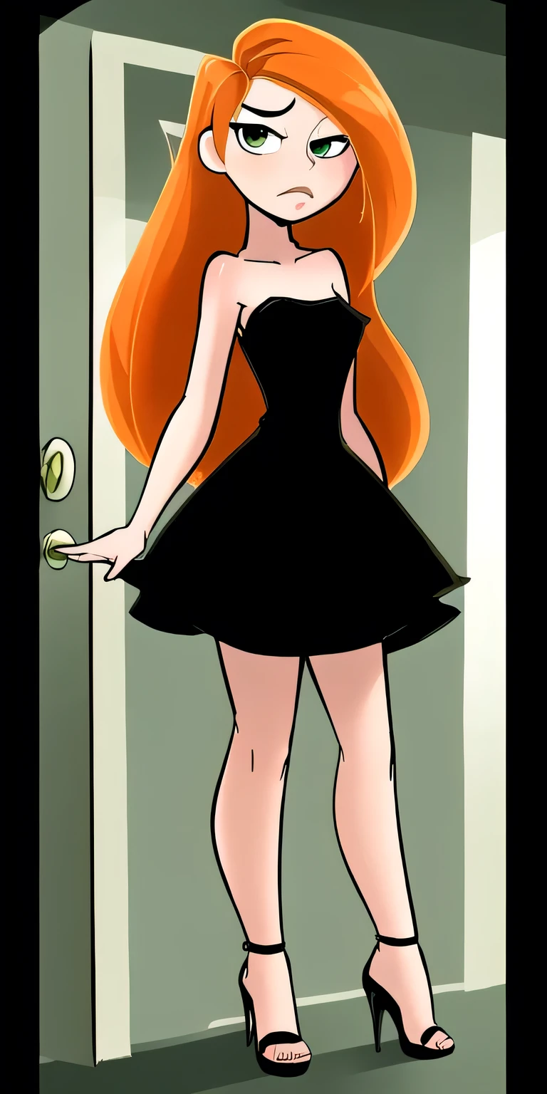 (((Details in Ultra-HD quality, ideal-cute)))  1girl Kim-possible, long hair, greeneyes, Walt Disney style, strapless, tight black short dress, high-heels, sleeveless, clavicle, standing inside the doorframe, seducing gaze