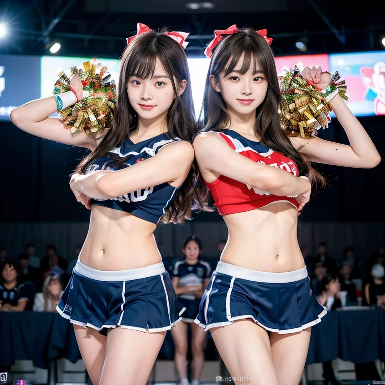 NSFW,masterpiece,best quality:1.4),(8k,raw photo,photo realistic:1.2),best quality,high quality, masterpiece,detailed,high resolution,shiny skin,detailed skin,detailed face,detailed eyes,mutated hands and fingers,lightning body,japanese 18-20years-old 2girls,2girls hight 163-168cm,smile face,cheer girls costume,front view,Full body shot, skinny body,small breasts,athletics stadium studium ,I'm rooting for you,thin eyebrow, Hairlessneseach,smile, looking at viewer, black hair, long hair or medium hair or ponytail hair,brown eyes, bangs, toenails, blush, stomach, barefoot, 3girl, small breasts, completely,female pubic hair,buzzer,outddor,spotlight,blue sky,stand of full people.daytime,one arm up pose,one leg up pose,