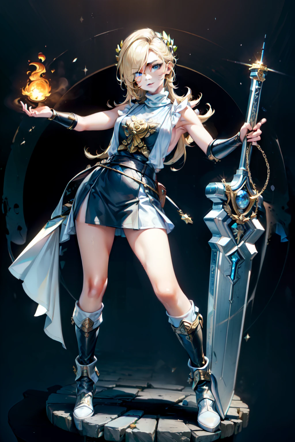 (masterpiece, best quality:1.2), perfect eyes, perfect face, ultra detailed face , strong make up, highres, 1 girl, solo, make up, (female:1.5),satin, white anciente greek clothes, sleeveless turtleneck, bracer, evil smile, standing, portrait, looking at viewer, giant sword on the back, long leather boots, fullbody shot