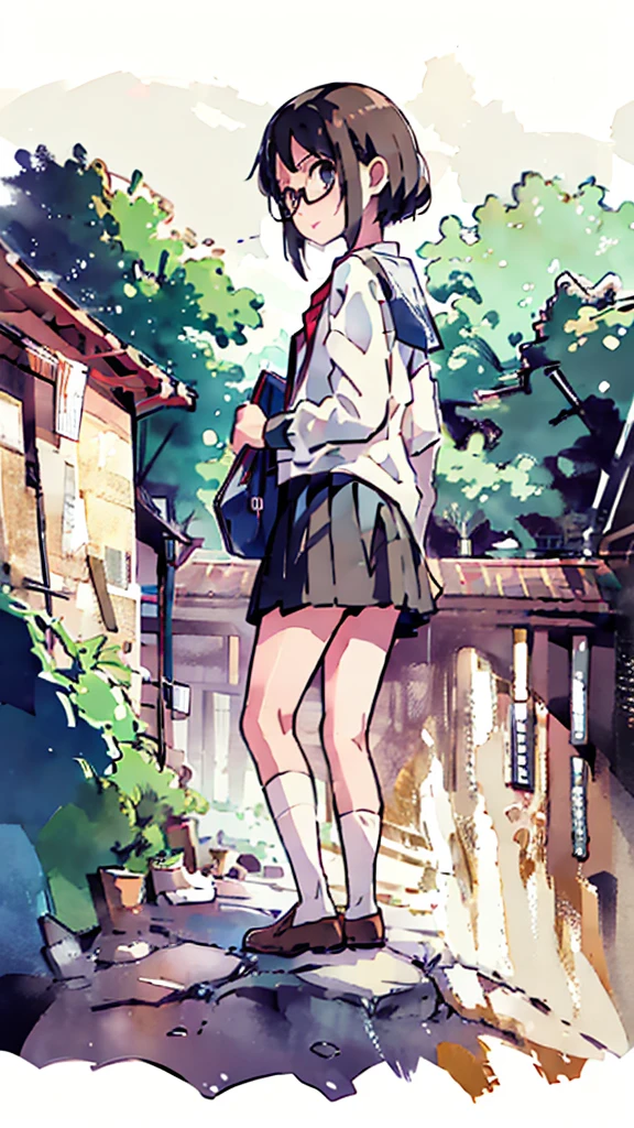 Nsfw、masterpiece, high quality, 4K, HDR,, Stable Diffusion prompt: schoolgirl with short、brown hair and red-framed glasses, wearing a white blouse and navy skirt, white panties visible, navy socks and brown loafers, in a state of arousal and trembling with sexual climax,simple illustration style, in a nichijou (everyday life) setting