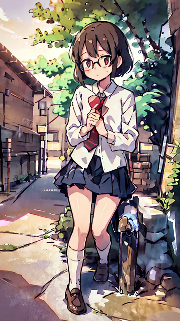 Nsfw、masterpiece, high quality, 4K, HDR,, Stable Diffusion prompt:  schoolgirl with short、brown hair and red-framed glasses, wearing a white blouse and navy skirt, white panties visible, navy socks and brown loafers, in a state of arousal and trembling with sexual climax,simple illustration style, in a nichijou (everyday life) setting