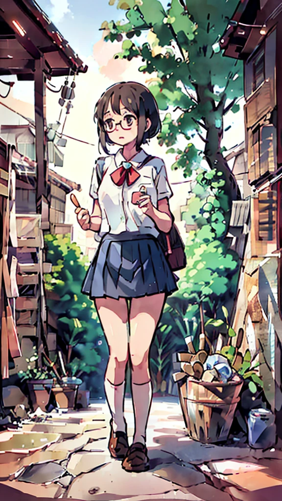 Nsfw、masterpiece, high quality, 4K, HDR,, Stable Diffusion prompt:  schoolgirl with short、brown hair and red-framed glasses, wearing a white blouse and navy skirt, white panties visible, navy socks and brown loafers, in a state of arousal and trembling with sexual climax,simple illustration style, in a nichijou (everyday life) setting