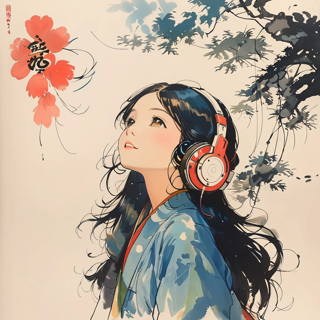 sketch、The Style of Kawanabe Kyosai、girl、Headphones、look up、Long Hair,smile