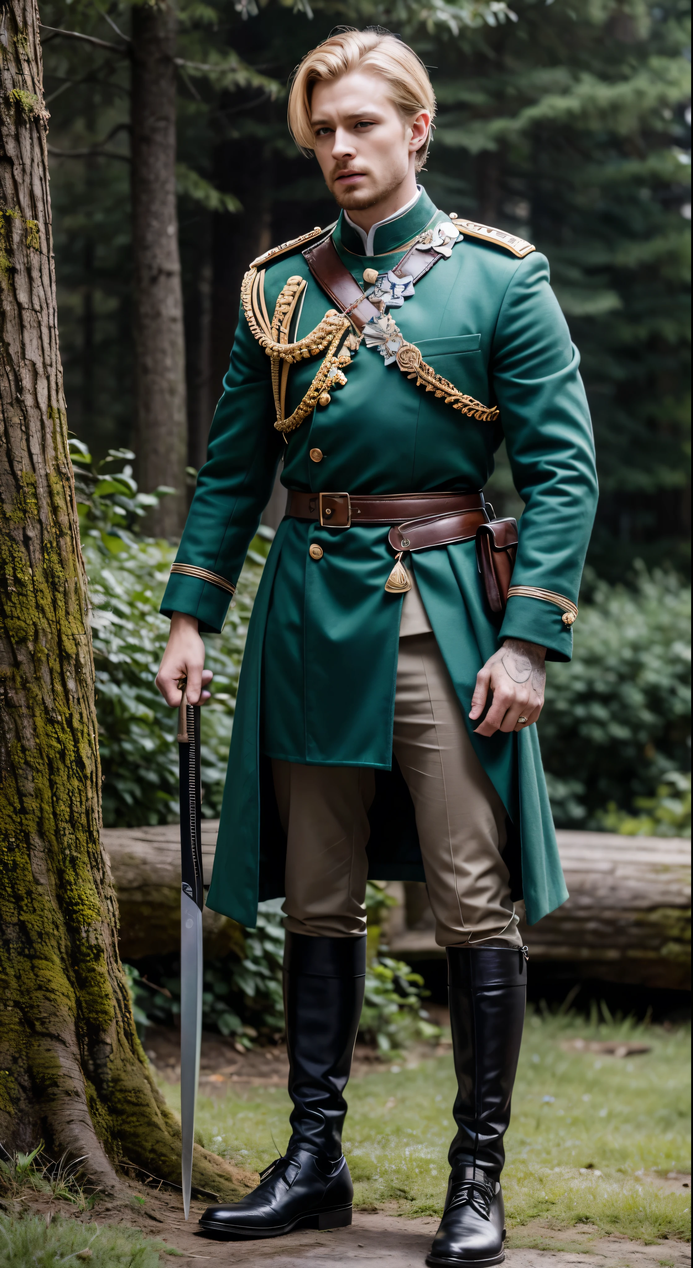 Niels Visser is、With golden blonde hair、Wearing a moss green medieval military uniform、The prince is looking straight ahead with his piercing emerald green gaze.。A full body with a sword stuck in his waist