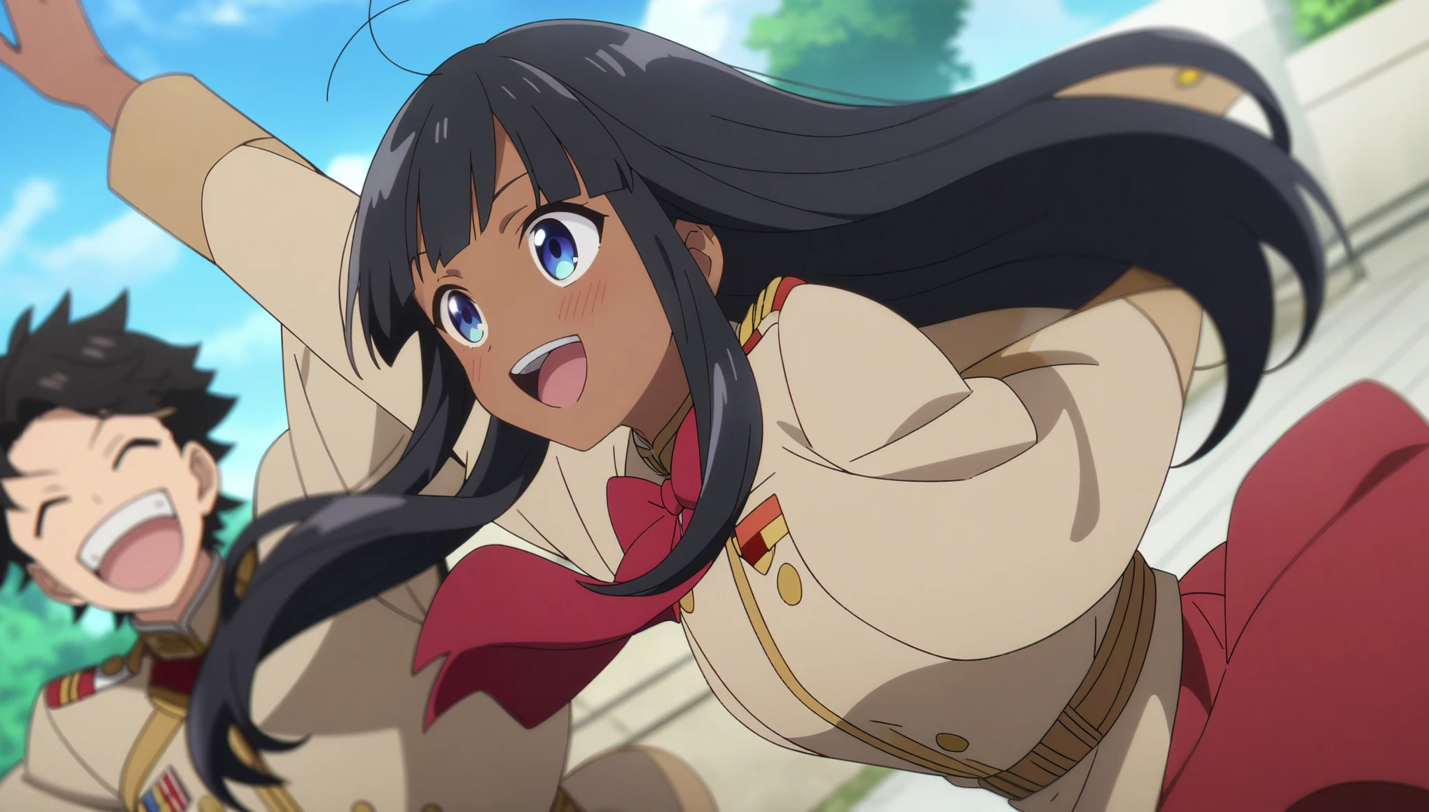 High quality,anime screenshot,4k,happy,smiling,straight bangs,long flowy hair,black hair,round blue eyes,happy,jump,beige uniform,red bow on uniform,red skirt,brown skin,