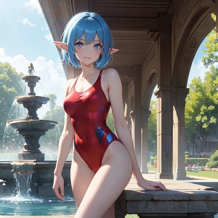 Absurdres, masterpiece, highest quality, very detailed features and textures, alone solo character, anime style, fantasy genre
{{(14 years old blue haired elf girl: (pale skin, short messy sapphire blue hair, heterochromatic eyes, very thin lips, nice teenage body, breasts, big butt, beautiful arms, beautiful legs, happy face, open smile, running happy), (red one-piece common swimsuit), (fountain plaza, natural park, marmol road, sunny morning)}}