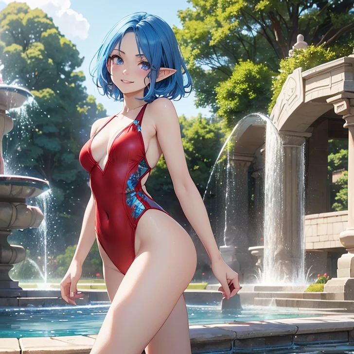 Absurdres, masterpiece, highest quality, very detailed features and textures, alone solo character, anime style, fantasy genre
{{( blue haired elf girl: (pale skin, short messy sapphire blue hair, heterochromatic eyes, very thin lips, nice teenage bodyeasts, big butt, beautiful arms, beautiful legs, happy face, open smile, running happy), (red one-piece common swimsuit), (fountain plaza, natural park, marmol road, sunny morning)}}