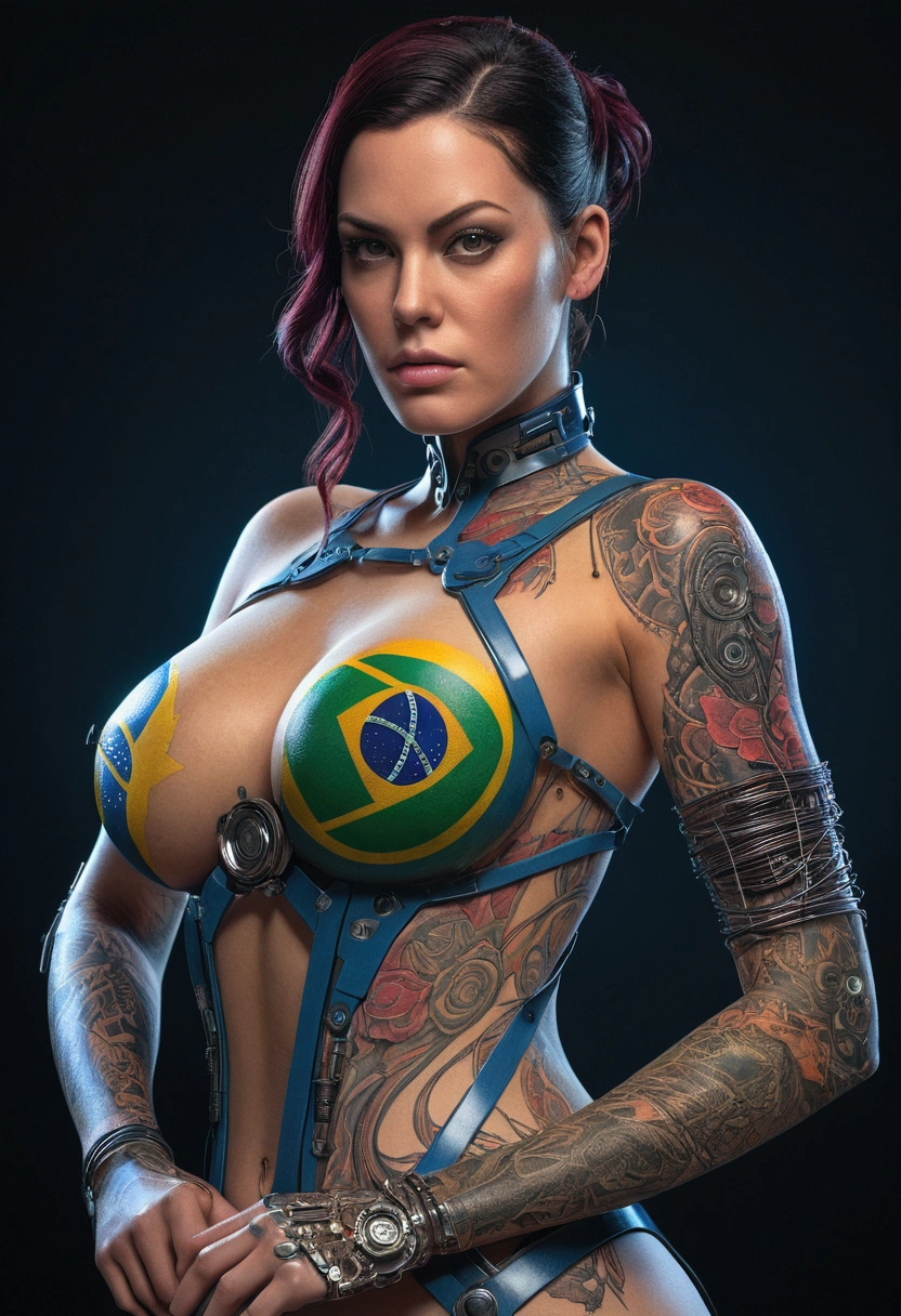 Alison Tyler as a  beautiful cyborg, holding a futuristic big pen in your hands, a little tattoo stylized flag of Brazil on your arm, beautiful body, busty,fi, futuristic, dystopian, machine parts, body parts, wires, circuitry, highly detailed, 3d render, cinematic, ayami kojima, karol bak, greg hildebrandt, and mark brooks, hauntingly surreal, highly detailed and intricate, rich deep colors, intricate artwork masterpiece, ominous, matte painting, movie poster, golden ratio, ultra hd, realistic, vivid colors, highly detailed, UHD drawing, pen and ink, perfect composition, beautiful detailed intricate insanely detailed octane render trending on artstation, 8k artistic photography, photorealistic concept art, soft natural volumetric cinematic perfect light