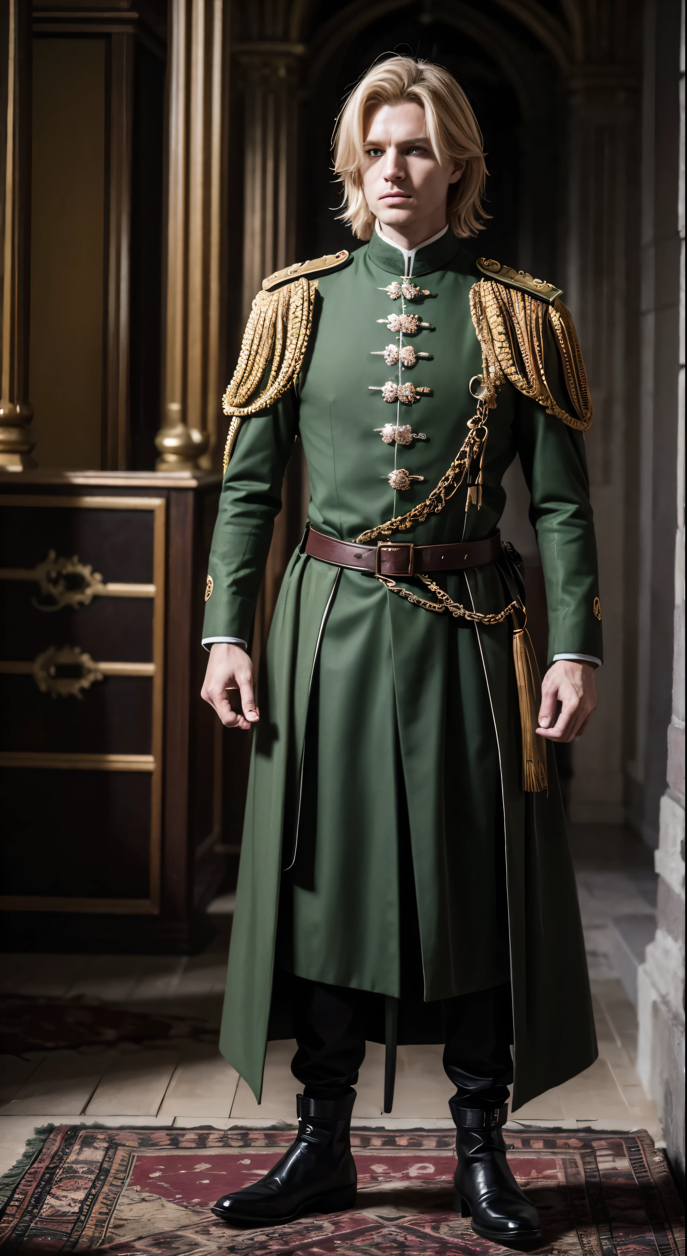 Niels Visser is、With golden blonde hair、Wearing a moss green medieval military uniform、The prince is looking straight ahead with his piercing emerald green gaze.。A full body with a sword stuck in his waist