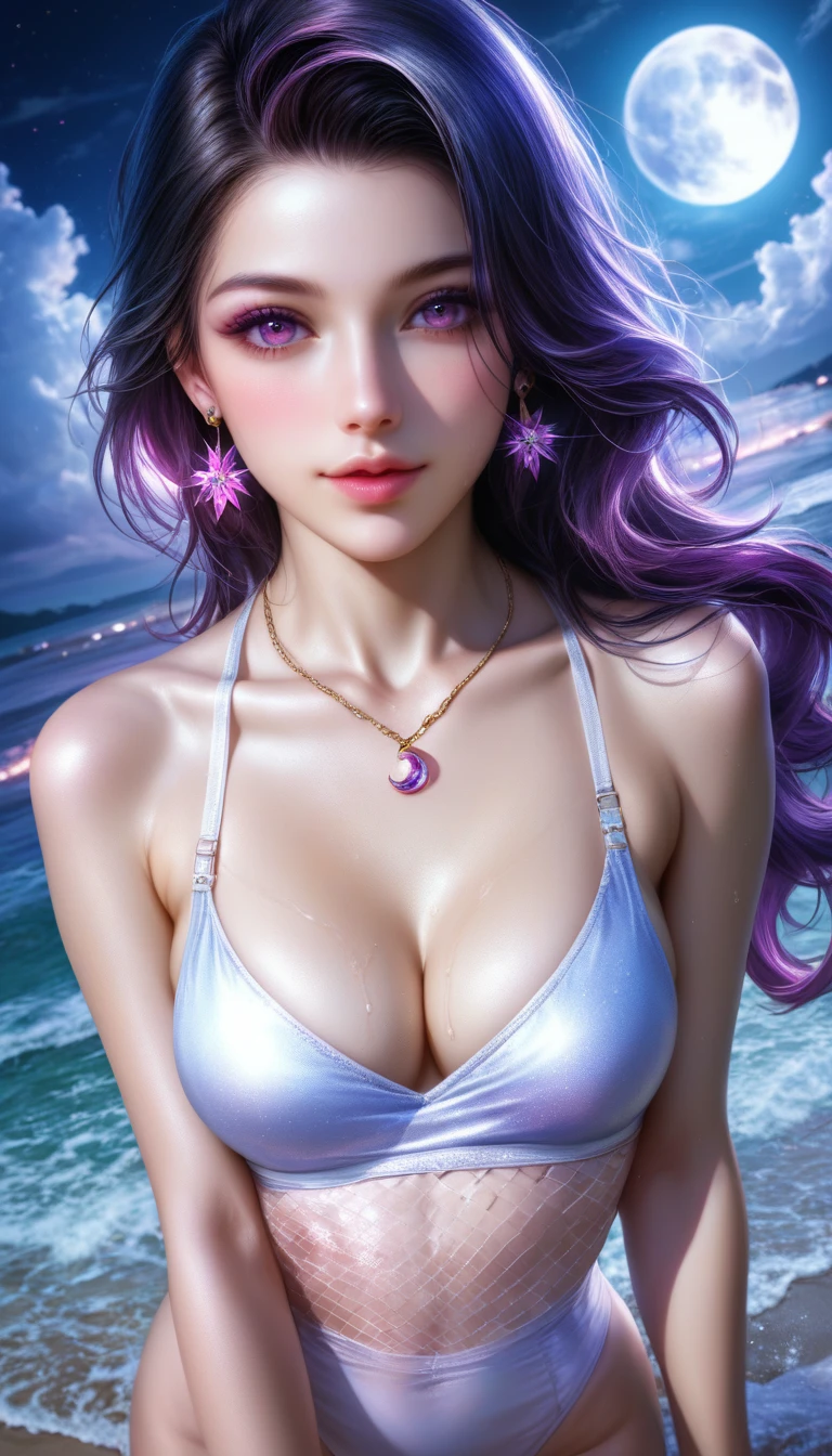 score_9, score_8_superior, score_7_superior, A masterpiece in 32K resolution,Highest quality,it is really amazing,Very detailed,Ultra-high resolution,(Ultra-realistic:1.5),(Realistic:1.5),Increased depth of field,Cinematic lighting,
(Sexy Japanese Women:1.1),
Long black hair,Ultra-detailed and beautiful face,(Gentle expression:1.1),Translucent white skin,(Realistic skin texture:1.1),
(Sexy Swimwear:1.1),
Bold design,Artistic design,Beautiful and detailed pattern,Detailed fabric texture,
Gorgeous necklace,Earrings,
Coastline at night,(Giant Moon:1.1),(Dark clouds floating in the dark night sky:1.1),
High angle,
