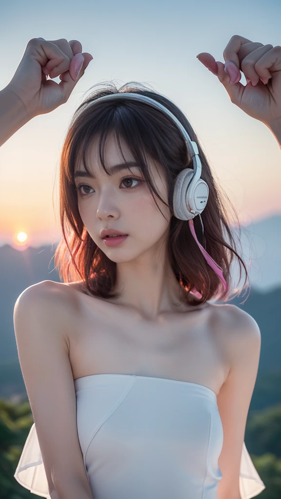 最high quality, masterpiece, Ultra-high resolution, (Actual:1.3), Original photo, (Nature Photography), (Majestic mountain peaks, sea of clouds), (Very wide summit), (sunrise), (girl), (Upper Body), (Natural light: 1.0), (Side view: 0.0), (Cowboy Shot: 0.0), (Upper Body: 1.8), (close: 0.8), Portraiture, Cinema Lighting, Shine, Ray Tracing, reflected light, f135mm, Ultra-high resolution, Accurate, Skin Texture, Super Detail, Amazing details, high quality, 最high quality, 8k, (Surrealism: 1.2), break, (Japanese: 1.3), (Age 25: 1.0), (Small breasts: 1.6), (length, big, Long, narrow eyes: 1.8), (Realistic eyes: 1.8), (Height: 160cm: 1.2) , (Translucent white skin: 1.2), (Bright pink short curly hair with bangs: 1.3), (Dark eyeshadow makeup: 1.4), break, (The right move: 1.6), (Right fingertips: 1.6), Sexy pose, (Bring your hands closer to your cheeks: 1.8), break, (Big white headphones: 1.4), (Wearing a white strapless dress: 1.3), break, Japanese clothes, kimono,Her legs are spread out and facing me