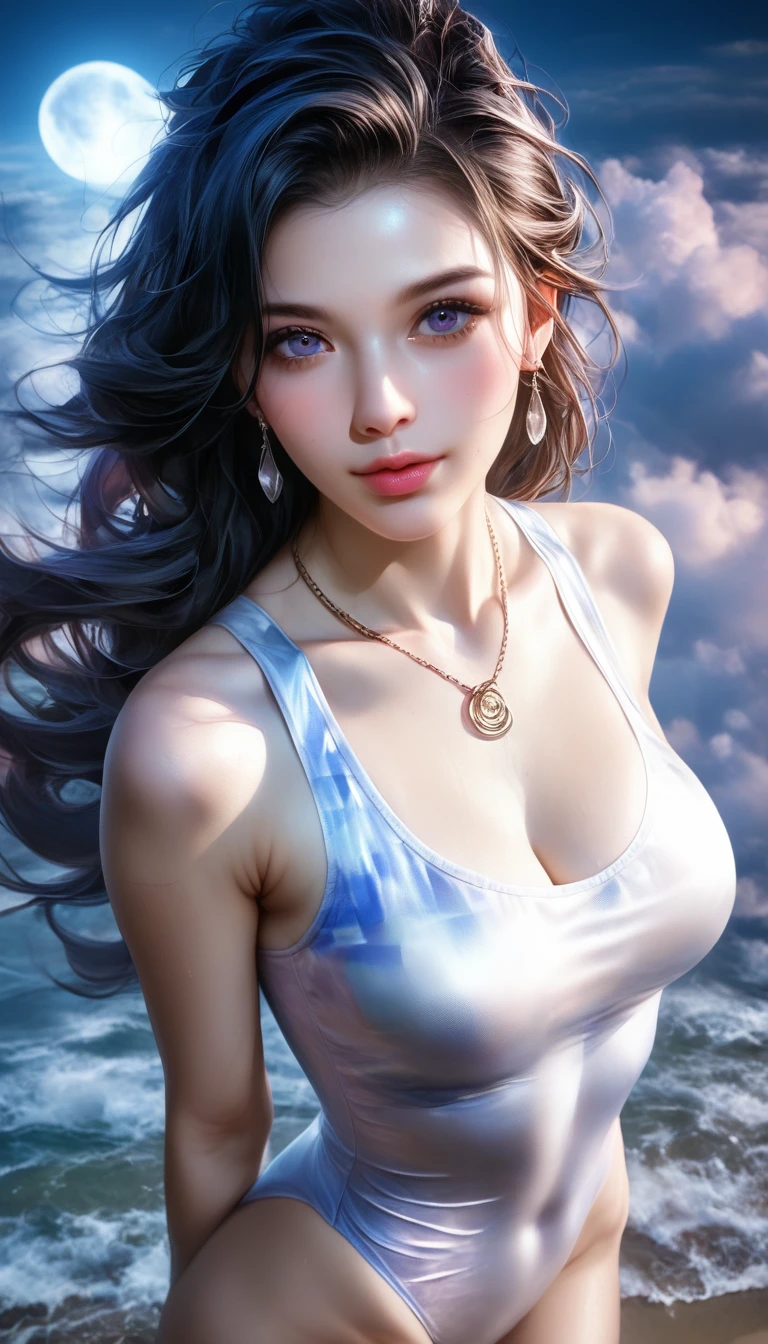 score_9, score_8_superior, score_7_superior, A masterpiece in 32K resolution,Highest quality,it is really amazing,Very detailed,Ultra-high resolution,(Ultra-realistic:1.5),(Realistic:1.5),Increased depth of field,Cinematic lighting,
(Sexy Japanese Women:1.1),
Long black hair,Ultra-detailed and beautiful face,(Gentle expression:1.1),Translucent white skin,(Realistic skin texture:1.1),
(Sexy Swimwear:1.1),
Bold design,Artistic design,Beautiful and detailed pattern,Detailed fabric texture,
Gorgeous necklace,Earrings,
Coastline at night,(Giant Moon:1.1),(Dark clouds floating in the dark night sky:1.1),
High angle,