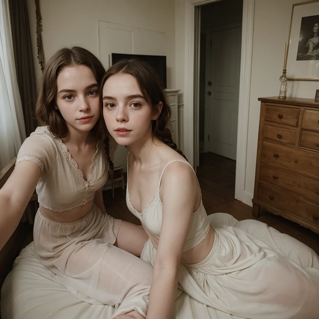 Sophia Lillis,, Soft belly, elegant, Open your mouth, Selfie , Long braids,whole body 、Beautiful old room、Relaxed atmosphere、mysterious、Old Polaroid Film、Very bright light、Photos taken by lovers、Intimate atmosphere、Two people in love、A rich variety of colors、Color、