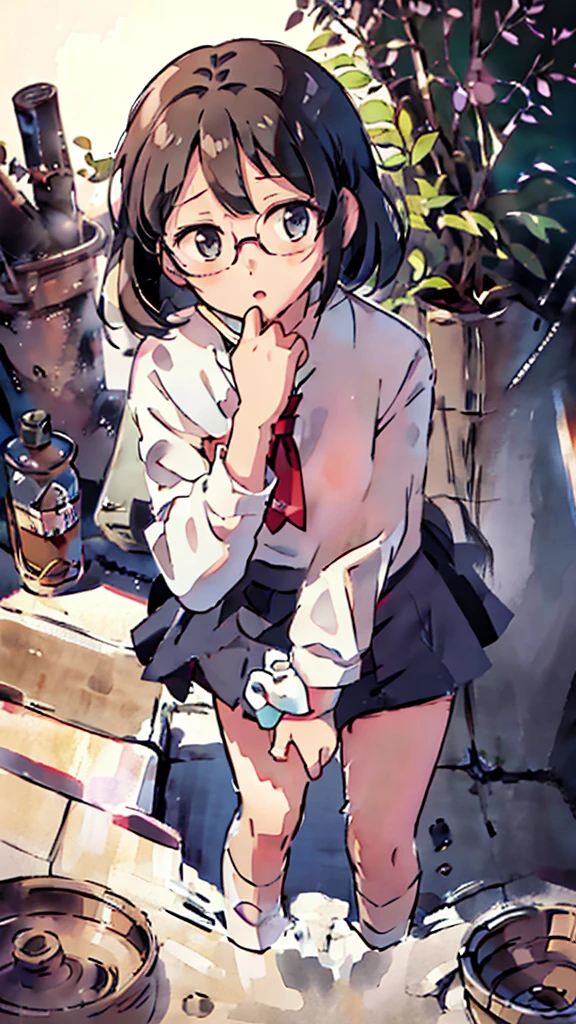 Nsfw、masterpiece, high quality, 4K, HDR,, Stable Diffusion prompt:  girl with short、brown hair and red-framed glasses, wearing a white blouse and navy skirt, white panties visible, navy socks and brown loafers, in a state of arousal and trembling with sexual climax,simple illustration style, in a nichijou (everyday life) setting