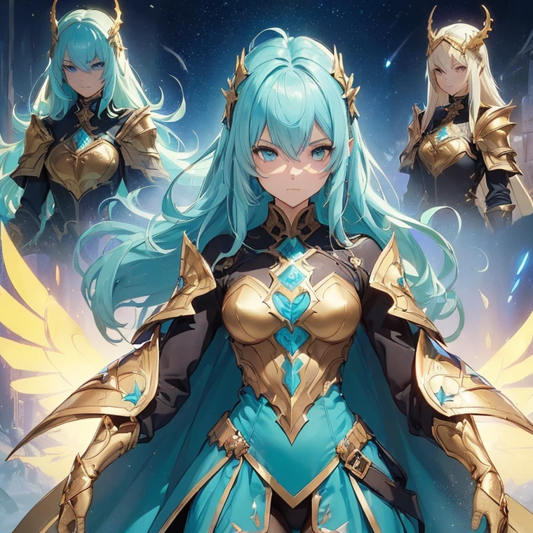 ((Masterpiece, Highest quality, Accurate, UHD)), 
((character design sheet: 1.2), (Detailed character sheet), (anime studio style)), ((Simple background), (sketch art:1.2)),
((multiple view:1.2), (full body:1.2), (detailed face), (3 different angles), (body parts), (full esbian body), (full of details), (multiple items), (multiple poses and expressions)),       
((accurate anatomy, best anatomy hands, accurate eye, best anatomy eye)),             
(do not go beyond the edges of the image:1.65), (rating:safe), 
1 girl, medieval character 
a Paladin, She wore Turquoise and Gold Armor with a Largh Shild, Estilo fantasia, Very beautiful, high balance natural light, Turquoise and gold Pantyhose, Star Pattern Decoration.