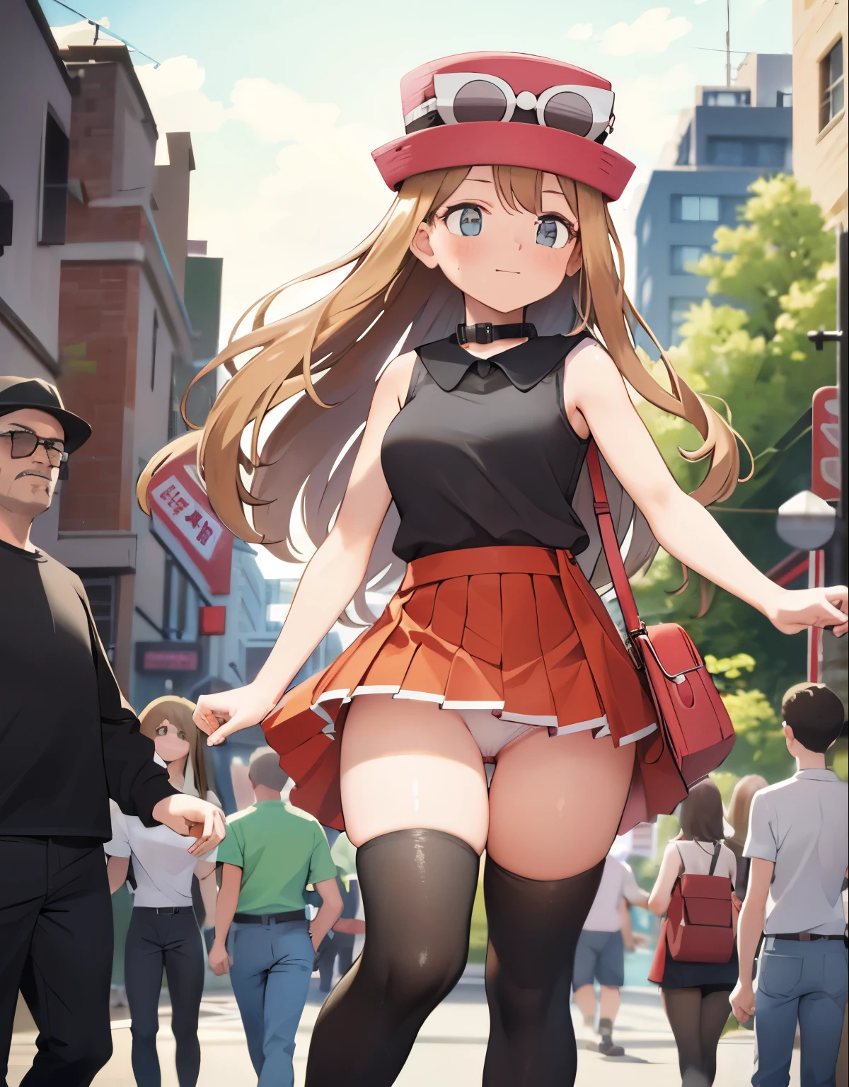 (best quality,4k,8k,highres,masterpiece:1.2), ultra-detailed, realistic:1.37, HDR, studio lighting, vivid colors, bokeh, baking, sketches, full body, eyewear on head, hat, skirt, sunglasses, shirt, black shirt, sleeveless, red skirt, pink hat, black thighhighs, white panties, detailed eyes, innocent gaze, nervous, fearful, embarrassed, nervous smile, visible thighs, thick thighs, thighs in the foreground, walking, alley, watched by a crowd of men, they observe her body, looking_at_viewer, she tries to hide her thighs with her hands, She is wearing a pet collar, one hand is holding the collar, she is being walked like a fly, running down his legs, Embarrassed look, blushing, nervous smile, she feels embarrassed, mini skirt, white panties, upskirt, panty shot,