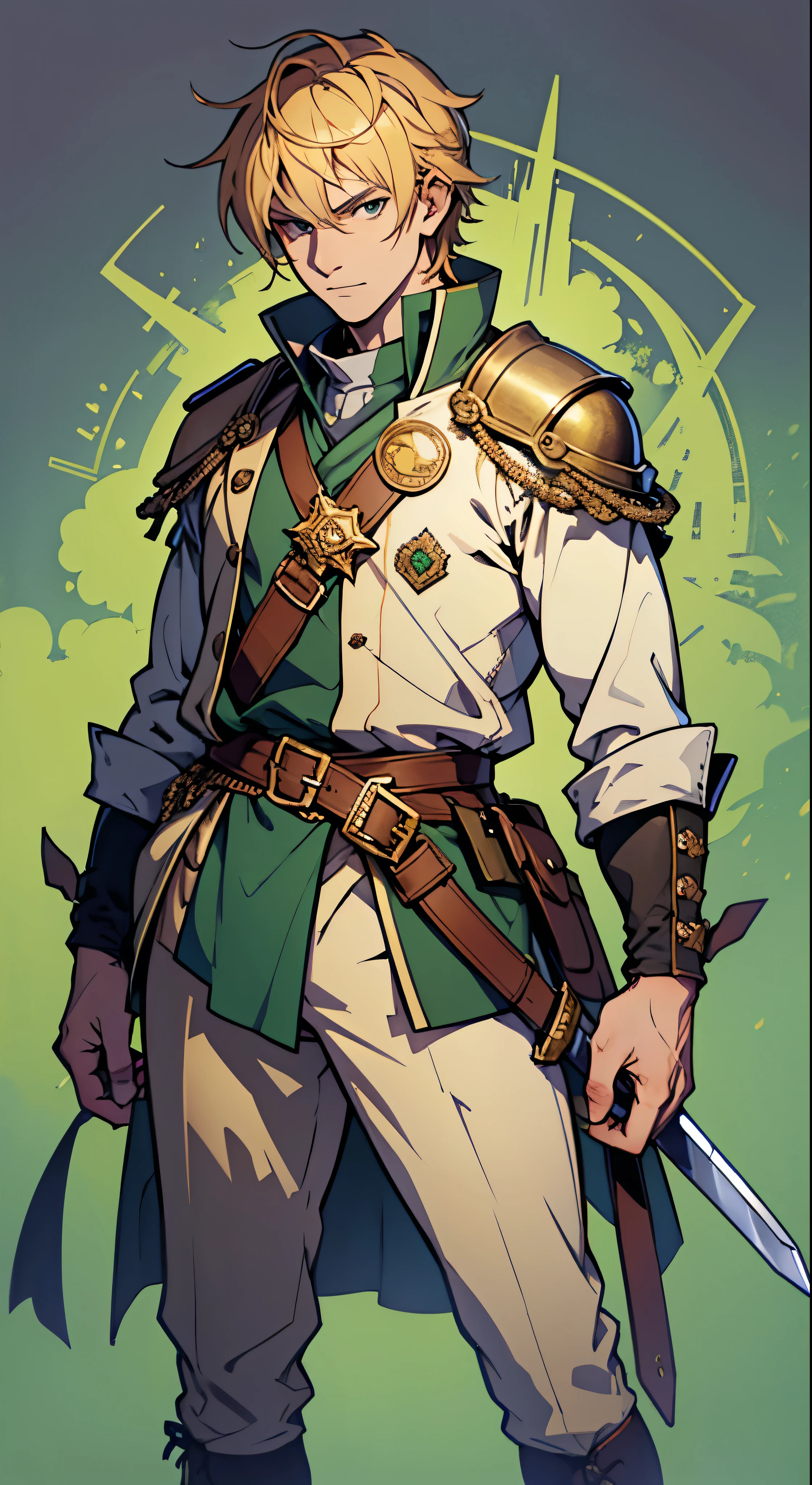 Niels Visser is、With golden blonde hair、Wearing a moss green medieval military uniform、The prince is looking straight ahead with his piercing emerald green gaze.。A full body with a sword stuck in his waist