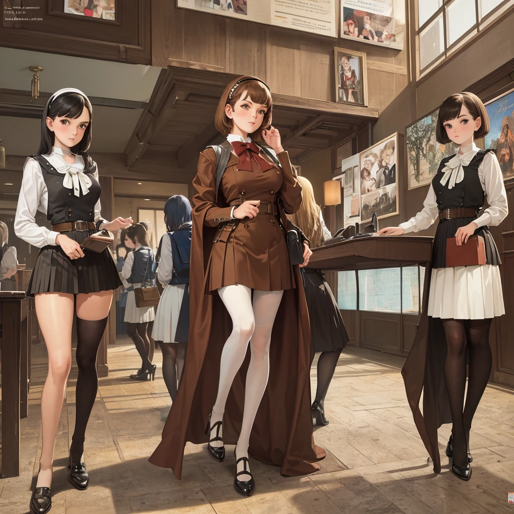 (masterpiece), (best quality), (The finest details), (General view from a distance), (Paper with worn edges), (Secondary Color: Cinnamon), A very beautiful group of schoolgirls,Sexy pose, very detailed face, Retro poster 60s with futuristic lettering', Western Future Scenery, night (Many stars, moon), shadow (detailed, Strong contrast)
